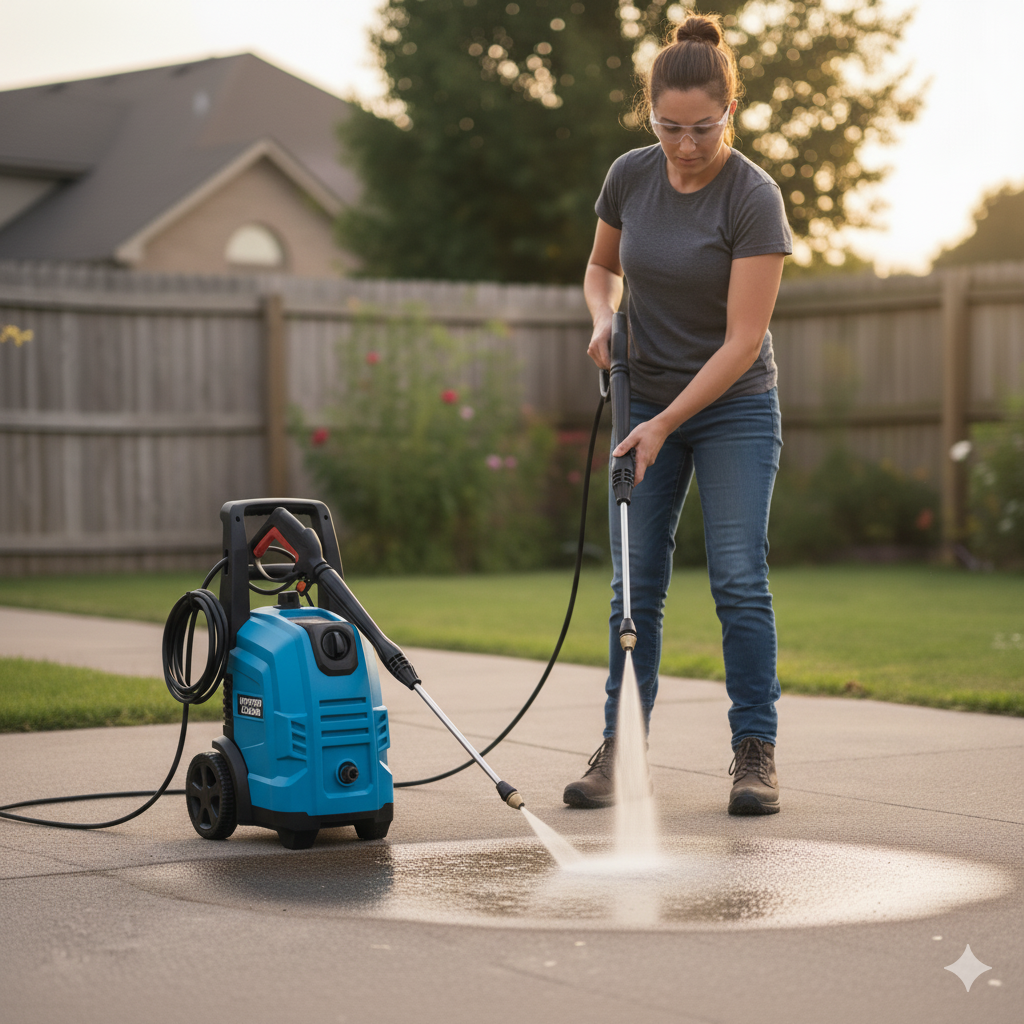 mulher usando lavadora de alta pressão